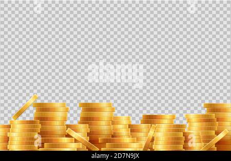 Stapel von Münzen Vektor. Lot goldenen Münzen isoliert auf transparentem Hintergrund. Illustration Stapel Reichtum goldene Münzen, Schatz Investition finanziell Stock Vektor