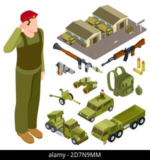 Sammlung von Rüstungswaffen und Zubehör. Soldat, Militärbasis, Volley-Feuer-System und Infanterie Kampffahrzeug isometrischen Vektor-Set. Illustration der Waffe Militär, Armee Fahrzeug Stock Vektor