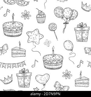 Happy Birthday Nahtloses Muster. Geburtstag Feier Party gezeichnet Kuchen Ballon Kerze Kinder Urlaub Doodle Vektor vintage Textur. Illustration von Party-Urlaub und Cupcake, Essen Dessert und Ballon Stock Vektor