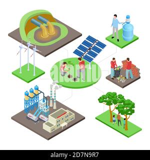 Ökologie isometrisches Konzept mit grünen Technologien, Natur Revival, Wasser und Luftverschmutzung Vektor Illustration. Öko-Energie und Ökologie, Windenergie und Umwelt Stock Vektor