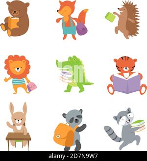 Niedliche Schultiere. Bär und Fuchs, Löwe und Krokodil, Tiger und Panda. Vektor Schule Baby Tiere Set. Illustration von Bär und Krokodil, Koala und Tiger Stock Vektor