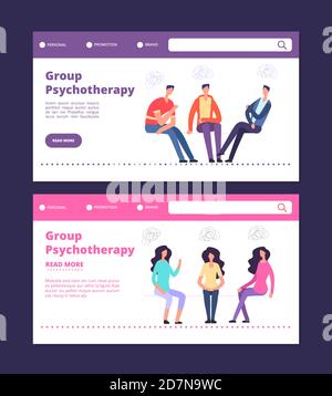 Gruppenpsychotherapie Web Banner Vorlage. Landing Pages für männliche und weibliche Gruppentherapie. Illustration von Psychotherapeuten und Psychologen, Therapie-Gruppe Problem Stock Vektor