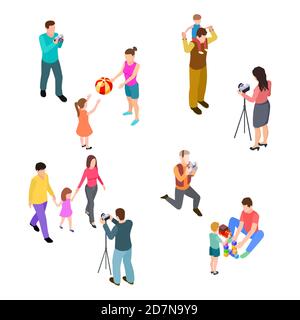 Familienfotos. Isometrische Eltern mit Kindern und professionelle Fotografen. Vektor professionelle Foto Sitzung Illustration. Familienfotograf, Mutter Vater und Kind Stock Vektor