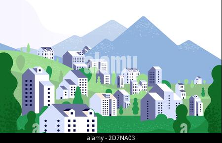 Minimalistisches Stadtbild. Naturlandschaft mit modernen Gebäuden. City Street im Sommer Umgebung. Vektor Hintergrund minimalistischen Stil. Illustration des Gebäudes Stadt Panorama Berg, Architektur Straße Stock Vektor