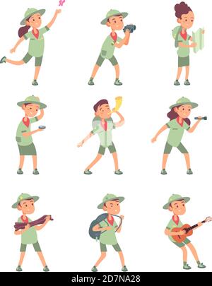 Kinder in Pfadfinderkostümen. Junge Scouts Jungen und Mädchen haben Abenteuer im Sommer Camping. Nette Kinder Vektor Cartoon-Figuren. Illustration von Scout Charakter, Junge und Mädchen Stock Vektor