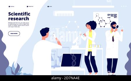 Landung der wissenschaftlichen Forschung. Wissenschaftler im pharmazeutischen Wirkstofflabor, Forscher im Labor mit Nanoelementen. Medizinische Vektorseite. Illustration des Wissenschaftlers, Science Lab Experiment Stock Vektor