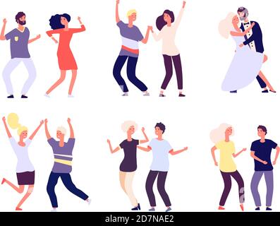 Tanzende Paare. Glückliche Personen tanzen Salsa, Tango Erwachsene Frau Mann Tänzer in der Liebe. Party Menge Spaß isoliert Vektor Cartoon-Figuren. Party Paar Tanz, Tänzerin Performance, Disco Menschen Illustration Stock Vektor