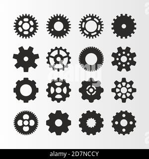 Vektorsymbole für Kreiszahnräder eingestellt. Abbildung des Getrieberads und der Industrieelemente. Stock Vektor