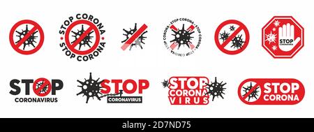 Stop Coronavirus Zeichen Konzept gesetzt. Covid-19 (2019-nCoV) Pandemie Risiko Alarm Symbole. Stock Vektor
