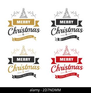 Frohe weihnachten und glückliches neues Jahr Typografie Label mit Symbolen Design-Set. Verwenden Sie für Aufkleber, Abzeichen, Kunsthandwerk, Grußkarte. Stock Vektor