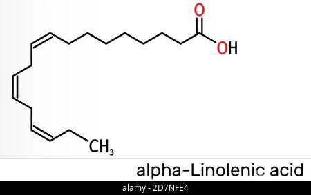 Alpha-Linolensäure, ALA-Molekül. Carbonsäure, mehrfach ungesättigte Omega-3-Fettsäuren. Bestandteil vieler gängiger pflanzlicher Öle. Chemische Formel des Skeletts Stockfoto