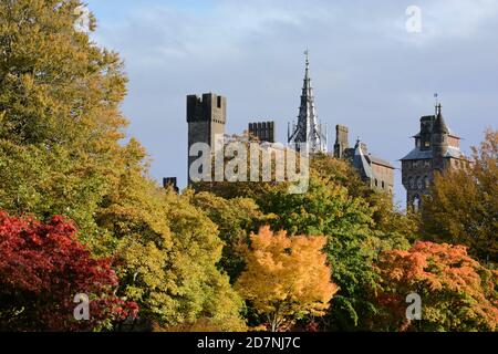 Ein schöner sonniger Herbsttag am Roath Park Lake, Cardiff, Wales. Die Blätter haben begonnen, ihre Farbe zu ändern und spiegeln sich im noch kalten Wasser. Stockfoto