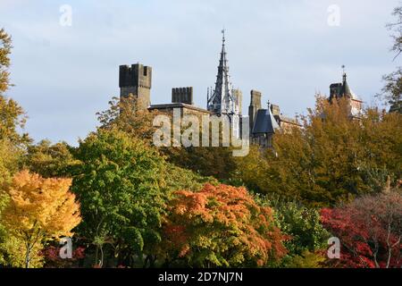 Ein schöner sonniger Herbsttag am Roath Park Lake, Cardiff, Wales. Die Blätter haben begonnen, ihre Farbe zu ändern und spiegeln sich im noch kalten Wasser. Stockfoto