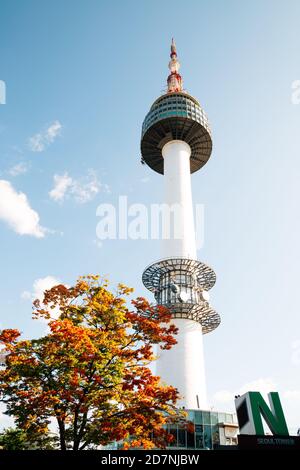 Seoul, Korea - 8. Oktober 2020 : Namsan Seoul Tower mit herbstlichen Ahornblättern Stockfoto