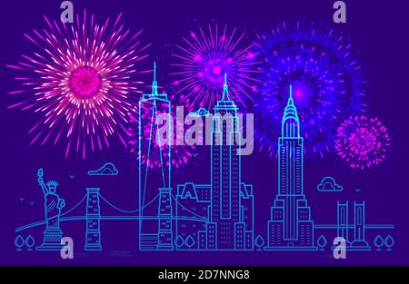 Feuerwerk über New York. Linie New York Vektor-Design. Happy Unabhängigkeit Tag 4. Juli Hintergrund. Illustration von amerika Feier, Feuerwerk patriotischen Feiertag Stock Vektor