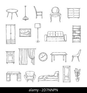 Skizzenmöbel. Bücherregal und Stühle, Sofa und Tisch, Kleiderschrank und Lampe Home Pflanzen. Interieur Vintage handgezeichnete isolierte Elemente. Möbel Interieur, Tisch und Sofa, Stuhl und Lampe illustraion Stock Vektor