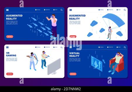 Isometrisches VR-Gaming, Vorlagen für Augmented Reality-Vektor-Landing-Pages. Illustration von Virtual Reality Spiel, Augmented isometrische vr Stock Vektor