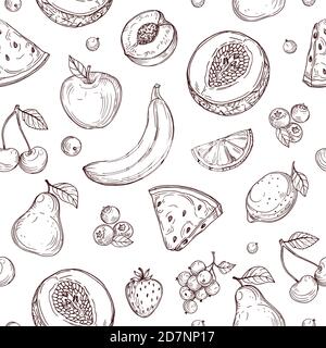 Doodle Früchte nahtlose Muster. Skizze frische Bio-Beeren Vektor endlose Textur. Früchte und Beeren gesund, süß und reif Illustration Stock Vektor