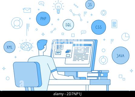 Programmiergerät Coding Website. Codierer Web Designer arbeitet mit javascript, php Code Programmiersprache. Software-Entwicklung Vektor-Konzept. Software-Coder-Typ java-App, Programmierer an Computer-Illustration Stock Vektor