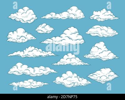 Von Hand gezeichnete Wolken. Bleistift Skizze Himmel Wolkenlandschaft. Skizzieren Wolke vintage Vektor graviert Hintergrund. Wolkenlandschaft Zeichnung, Atmosphäre Doodle skizzenhafte Wolken Illustration Stock Vektor