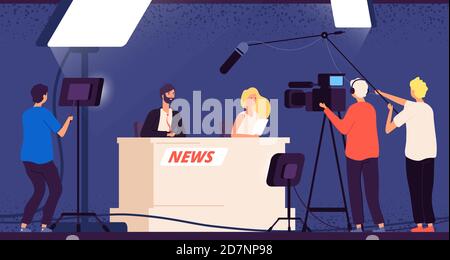 TV Studio News. Journalisten Bühne Schreibtisch tv Rundfunk professionelle Crew Kameramann Fernsehen Interview zeigen newscaster Vektor-Konzept. Newscaster tv Studio, Rundfunk Interview News Illustration Stock Vektor