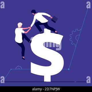 Geschäftsleute steigen auf Dollar. Investitionsunterstützung, Produktivitätswachstum und erfolgreiches Team Business Vector Konzept. Geschäftsmann klettern zu Dollar, Business Klettern Illustration Stock Vektor