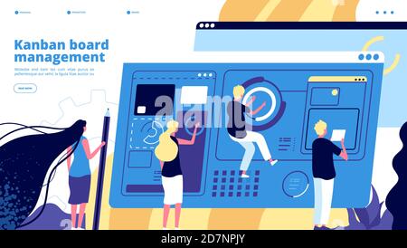 Kanban-Platine. Jungs verwalten mit Aufgabe Scrum Board, Analyse Prozess-Software. Teamwork agile Veranstalter Coworking Vektor Landing Page. Abbildung der Teamskrummplatte, Prozessentwicklung Stock Vektor