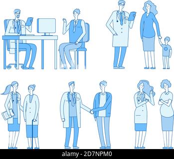 Arzt Patienten. Ärzte Krankenschwester im Gespräch mit Mann, alte Frau Senior Patient Klinik besuchen. Behandlung Gesundheitswesen lineare Vektor Zeichen. Krankenhauspflege, professionelle Gesundheitsversorgung Illustration Stock Vektor