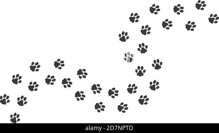 Katzenfußabdrücke. Katzen oder Hunde reisen Fußabdrücke. Schwarze Haustiere Pfote Drucke isoliert auf weißem Hintergrund. Vektorgrafik. Katze und Hund, Tier Fußabdruck Silhouette Stock Vektor