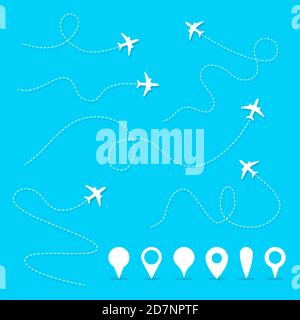 Linienpfad der Vektorebene. Flugzeug Richtungspfad, Flugrichtung und Pins Vektorsymbole. Darstellung der Flugstrecke der Fluggesellschaft, Navigationsrichtung Stock Vektor