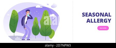 Vorlage für saisonales Allergiebanner. Mann mit Jahreszeit Allergie simptoms in blühenden Wald Vektor-Illustration mit weißem Hintergrund Stock Vektor