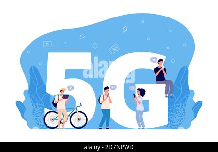 5G-Internetkonzept. Flache Personen Zeichen, Online-Gespräche, Internet-Freund suchen. 5G-Netz-Funktechnologie für die Kommunikation Mobiltelefon. Verbindung Internet 5g Netz Abbildung Stock Vektor