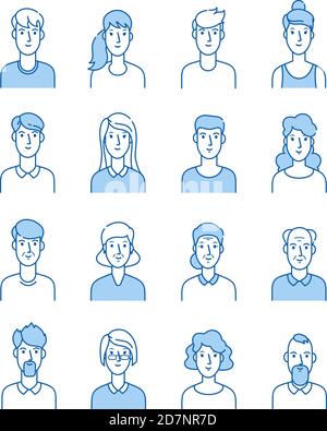 Zeilen-Avatare. Glückliche Menschen Symbole Benutzer Wohnung Umriss männlich weiblich Avatar anonyme Gesichter Mann Frau niedlich Kerl Internet-Profil Vektor-Set. Illustration von männlich und weiblich, guy Face Avatar Stock Vektor