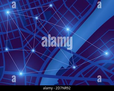 Futuristischer Stadtplan. GPS-Positionsüberwachung. Draufsicht digitale Nacht Stadt. Navigationstechnologie Vektorhintergrund. Darstellung der Lage der Stadt, der städtischen Navigationsstraße, der Route und der Roadmap Stock Vektor