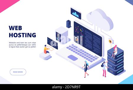 Webhosting-Konzept. Cloud Computing Online-Datenbank-Technologie Sicherheit Computer Web-Rechenzentrum Server isometrische Landing Vector Seite. Server-Netzwerk-Cloud, Abbildung zum Datenbankhosting Stock Vektor