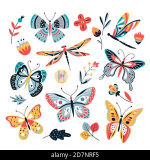 Schmetterling auf Blumen. Insekt Libellen Schmetterlinge Motte und Blume Hand gezeichnet, Skizzenvektor isoliert gesetzt. Schmetterling und Libelle Illustration Stock Vektor