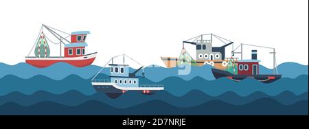 Segel- und Fischerboote in Meereswellen Vektorgrafik. Fischerboot und Seeverkehr, Fischindustrie Stock Vektor