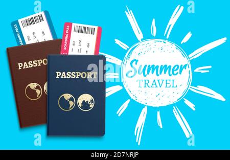 Sommer Reise Vektor Hintergrund mit Skizze Sonne und realistische Pässe. Illustration von Pass für Tourismus, Urlaub und Urlaub, Reise-Ticket Stock Vektor