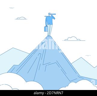 Vision-Konzept. Geschäftsmann, der auf dem Berggipfel steht und mit Spyglass aussieht. Motivation erfolgreiches zukünftiges Geschäftsvektorkonzept. Business Vision in Zukunft, Mann mit Spyglass Illustration Stock Vektor