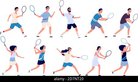 Tennisspieler. Mann und Frau halten Schläger und schlagen Ball spielen Tennis. Isolierte Cartoon-Vektor-Zeichen gesetzt. Illustration von Spieler Tennis mit Schläger, spielen sportliche Aktivität Stock Vektor