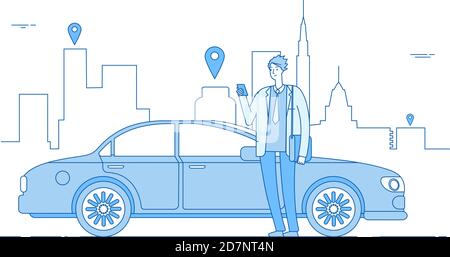 Car-Sharing-Konzept. Autovermietung Anwendung Geschäftsmann mit Smartphone am Auto auf der Straße der Stadt. Parken Service Linie Vektor-Konzept. Illustration der Autovermietung App, Service online Carsharing Stock Vektor