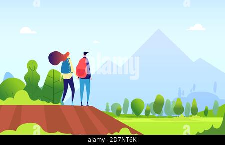 Wanderpaar. Junge Frauen wandern in der Naturlandschaft. Mann und Frau Touristen, Wanderer im Sommer im Freien Vektor Cartoon-Konzept. Illustration von jungen Frauen und Männern in Bergwanderung Stock Vektor