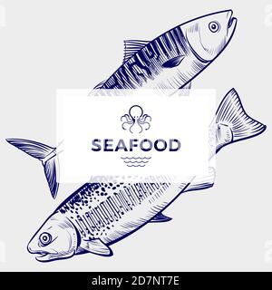 Seafood Restaurant oder Café Vektor-Banner-Vorlage mit handgezeichneten Gravur Fisch. Abbildung des Seafood Restaurant Menü Banner Stock Vektor