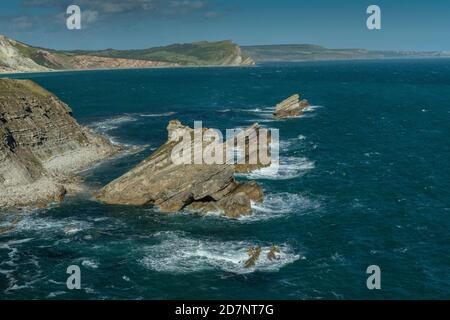 Mupe Bay und Mupe Rocks, Blick nach Osten entlang der Kreidefelsen nach Worbarrow Bay, Jurassic Coast WHS, Dorset. Stockfoto