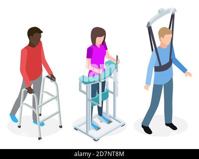 Beine Rehabilitation Menschen - isometrische Vektor-Design. Illustration der Rehabilitation Patienten, Behandlung und Gesundheitswesen Stock Vektor