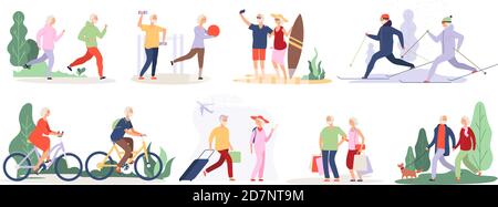 Ältere Charaktere. Großvater Großmutter paar Sport Tourist Tandem niedlich alt Oma ältere Menschen im Freien Vektor isoliert gesetzt. Illustration von Großvater und Großmutter tun sportliche Aktivität Stock Vektor