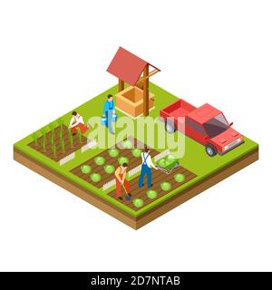 Garten- und Erntevektor 3d isometrisches Konzept. Sammeln Ernte und Landwirtschaft wachsen Illustration Stock Vektor