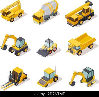 Isometrische Industriemaschinen. 3d-Baumaschinen LKW Fahrzeug Elektrowerkzeuge schwere Maschine Bagger Bulldozer Karte Vektor-Set. Illustration von Bulldozer Maschinen, Maschinenbau Stock Vektor