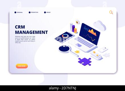 CRM-Konzept. Kundenbeziehungsmanagement. Datenbank-Web-System-Lösung. Isometrische Landing Page. Darstellung von crm-Management, Strategiemarkt, Analyse Förderung Stock Vektor