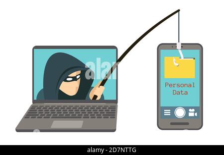 Phishing-Betrug, Hacker-Angriff auf Smartphone Vektor-Illustration. Greifen Sie Hacker auf Daten-, Phishing- und Hacking-Verbrechen an Stock Vektor